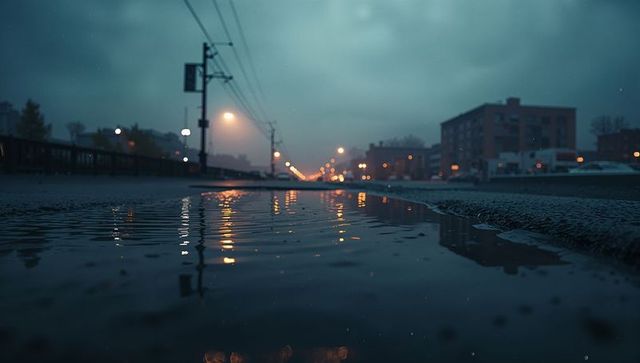 Moody Urban Scene with Puddle Reflections at Dusk