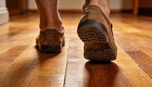 Walking on hardwood floor with brown slip-on shoes showing sole tread and motion