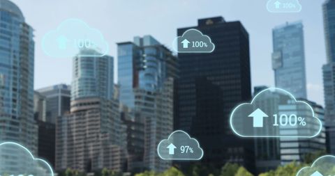 Cloud Computing Symbols in Urban Skyscraper Landscape