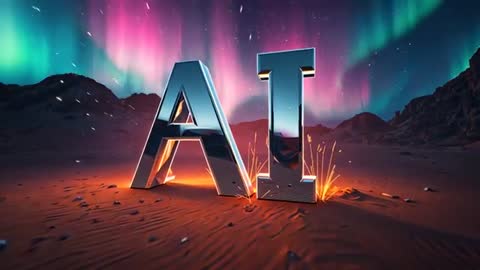 Glowing Chrome AI Letters Reflecting Aurora While Sending Sparks Over Desert Sand