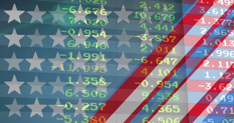 Stock market financial data overlaid on american flag