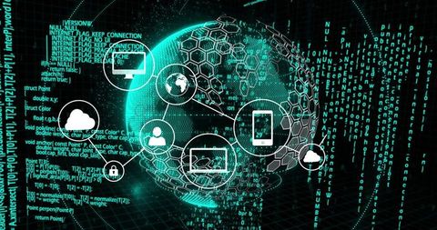 Neon cyber globe connecting cloud, laptop, smartphone and lock icons over streaming code matrix