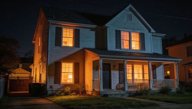 Warm-lit two-story suburban house glowing at night with front porch lantern