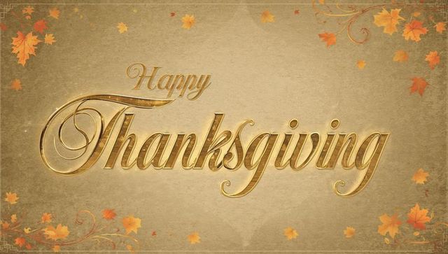 Golden happy thanksgiving script on vintage parchment with autumn maple leaves