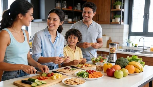 Family preparing healthy snacks together on kitchen island with fresh fruits and veggies