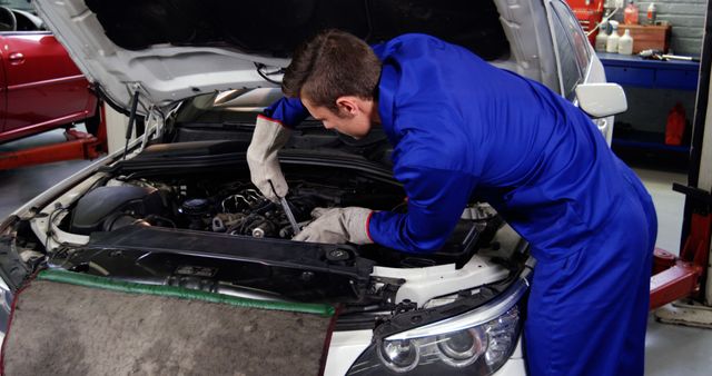 Mechanic in blue coveralls repairing car engine in workshop - Download Free Stock Images Pikwizard.com