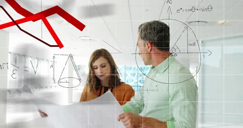 Architects Analyzing Plans with Mathematical Overlay