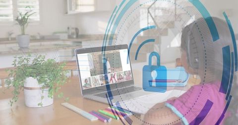 Child attending virtual class on laptop with security hud for remote learning safety