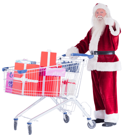 Santa in dramatic pose with transparent cart full of colorful presents