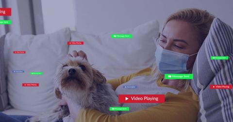 Woman and dog with digital social media interface icons