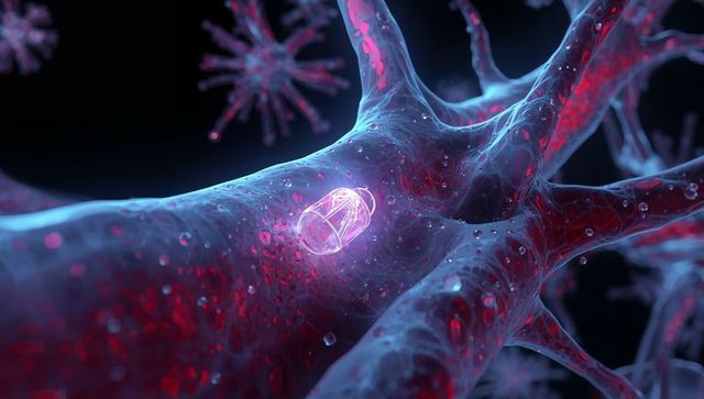 Luminescent nanocapsule traveling through neural tubule network with red granule detail