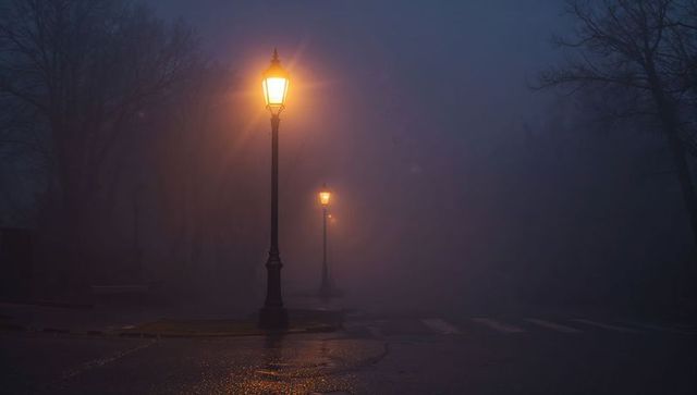 Moody lamppost illuminating foggy urban street at night