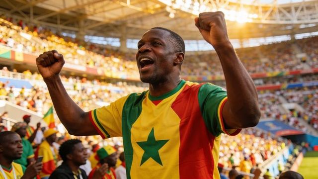 Ecstatic stadium supporter cheering in red yellow green star jersey under golden sunlight
