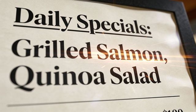 Displaying daily specials: grilled salmon, quinoa salad on framed cafe menu board