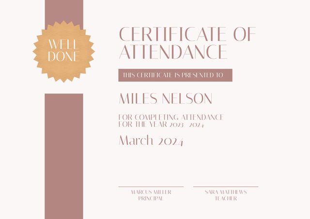 This elegant attendance certificate features a stylish decorative seal with the words 'Well Done'. Ideal for schools and educational institutions to recognize attendance achievements for the academic year 2023-2024. Can be customized for various achievement programs. Perfect for printing and framing.