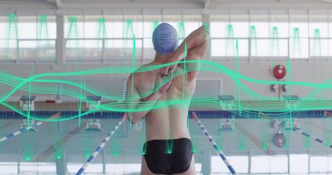Male competitive swimmer stretching before race with teal biometric waveform overlay