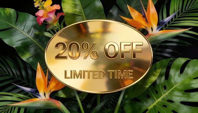 Golden 20% off oval plaque featuring tropical monstera and bird of paradise foliage