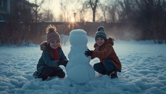 Two Children Building Snowman at Sunset in Backyard First Winter Love Saga