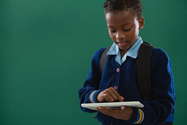 Schoolgirl using digital tablet against green background