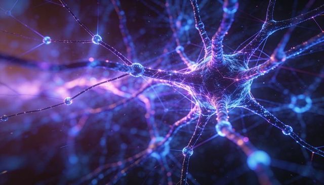 Glowing Neuron Network Pulsing Synapses and Dendrites in Futuristic Neon Visualization
