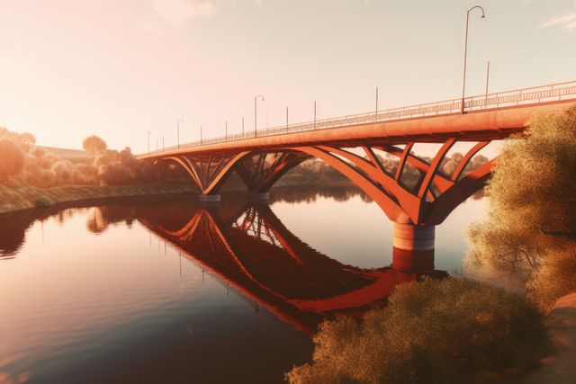 Bridge crossing river over trees on sunny day, created using generative ai technology. Building, construction, architecture, digitally generated video.