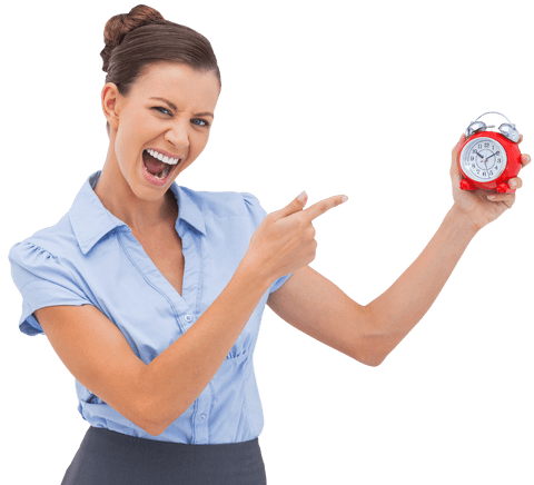transparent businesswoman excitedly pointing at alarm clock - Download Free Stock Videos Pikwizard.com