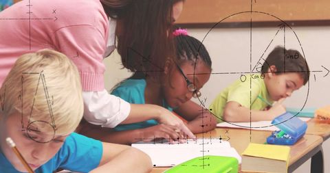 Teacher guiding students in math problem-solving exercise