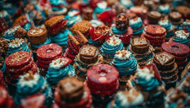 Vibrant mini dessert display showcasing stacked red macarons and turquoise frosting swirls