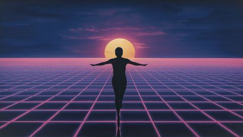 Silhouette standing on neon grid facing low sun, retrofuturistic synthwave horizon