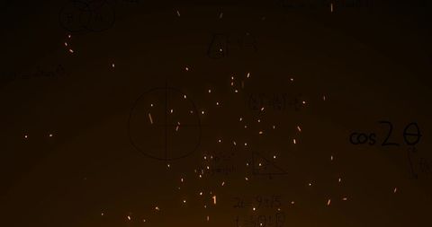 Bright yellow sparks on dark math background