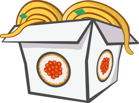 Transparent fast food box with noodles and sushi illustration design
