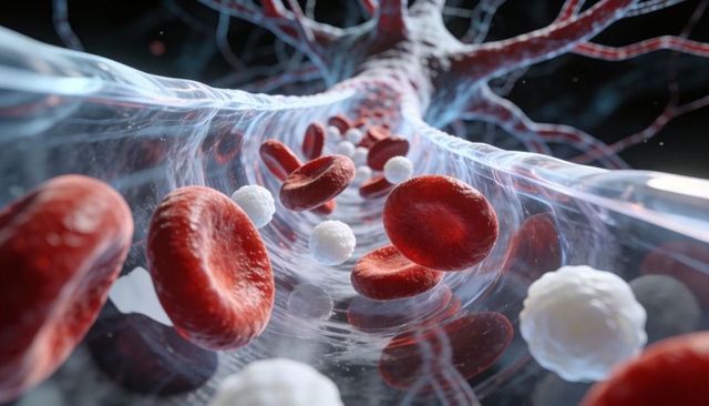 Streaming blood cells in microcirculation showing red cells, white cells, plasma reflections