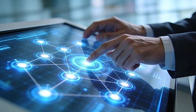 Business Hands Interacting with Futuristic Network Touchscreen Interface for Data Visuals
