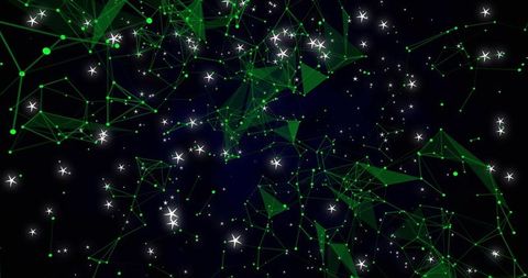 Forming neon green network constellation connecting geometric nodes over deep navy cosmos