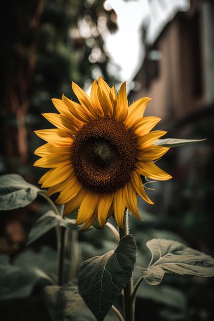 Sunflower in street with blurred background, created using generative ai technology. Nature, summer and flower concept digitally generated image.