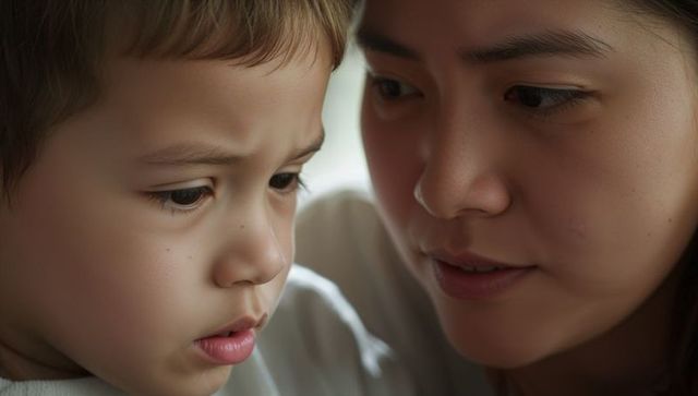 Closeup of adult comforting worried child, tender parent-child bond and empathy