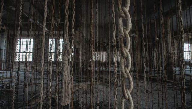 Hanging chains and frayed ropes forming rusted curtain in abandoned factory interior