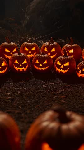 Vertical video shifting focus revealing glowing jack-o'-lanterns on forest floor for Halloween night
