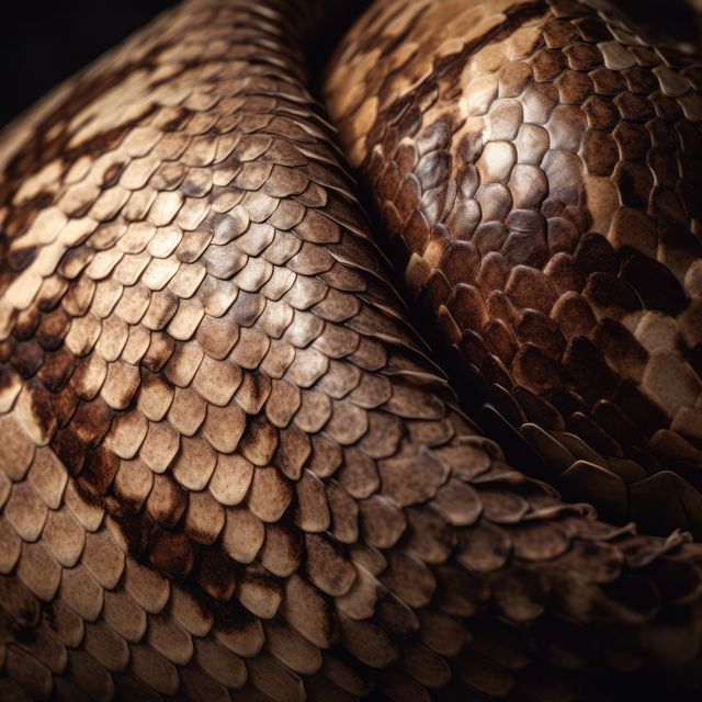Close up of brown and cream patterned shiny coils of snakeskin. Nature, leather, skin, texture and design concept digitally generated image.