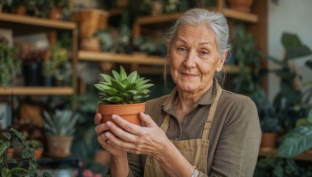 Senior gardener holding succulent in terracotta pot inside cozy plant shop with wood shelving