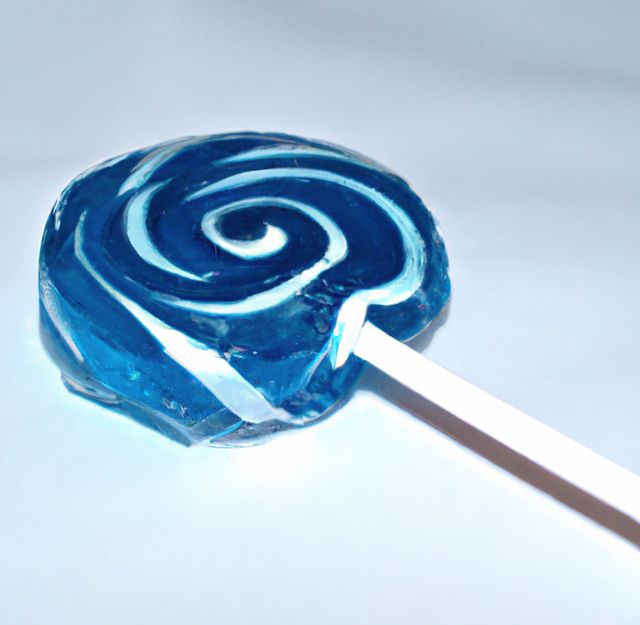 Close up of round blue and white lollipop on white background. Candy, sweets, food and drink concept.