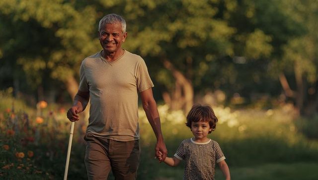 Senior man walking with grandson holding white cane on sunlit garden path, smiling