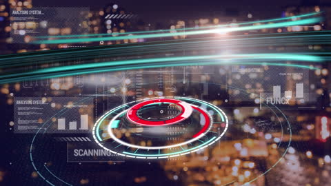 Futuristic Digital Interface Over Blurred Cityscape