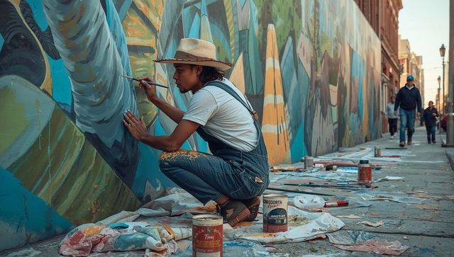 Painting vibrant urban mural on city wall wearing straw hat and denim overalls for community mural