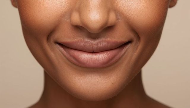 Closeup smiling lower face with full lips philtrum dimples and natural skin texture