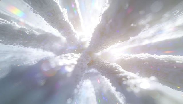 Radiant Celestial Core with Radial Cloud Pillars, Iridescent Light and Prismatic Bokeh