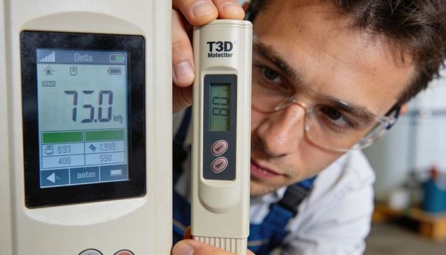 Technician inspecting t3d portable meter alongside digital control panel showing 75.0