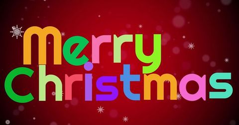 Colorful merry christmas text with snowflakes on red background