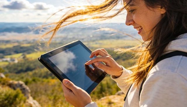 Young woman hiking using tablet on sunny hillside overlooking expansive valley