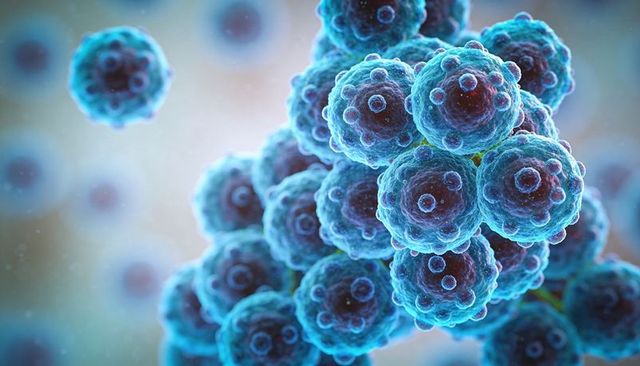 Blue viral particle cluster 3d microscopic rendering for medical research and education